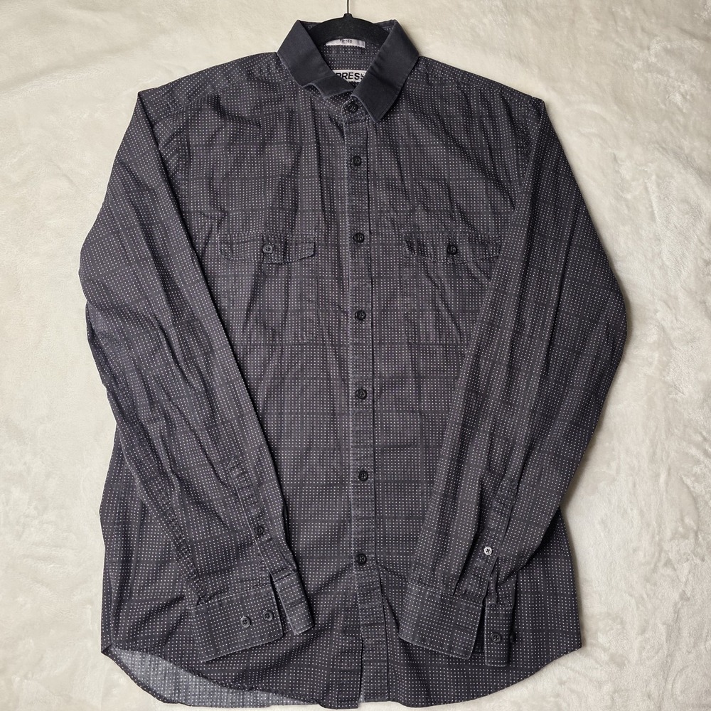 Express Men's Medium Fitted Button Down Black Polkadot Shirt